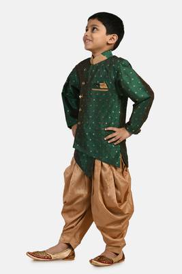 Green embroidered cotton silk boys-indo-western-dress 4