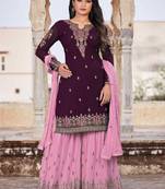 Purple FAUX GEORGETTE EMBROIDERY WOMEN'S SEMI STITCHED SHARARA SUIT