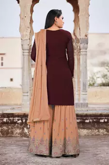 Brown FAUX GEORGETTE EMBROIDERY WOMEN'S SEMI STITCHED SHARARA SUIT