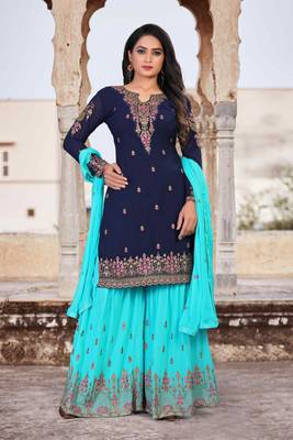 Blue FAUX GEORGETTE EMBROIDERY WOMEN'S SEMI STITCHED SHARARA SUIT 1