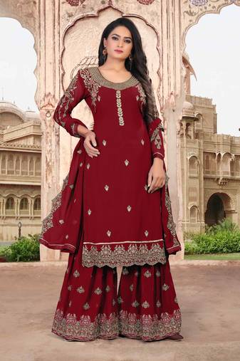 Red FAUX GEORGETTE EMBROIDERY WOMEN'S SEMI STITCHED SHARARA SUIT