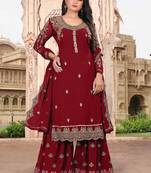 Red FAUX GEORGETTE EMBROIDERY WOMEN'S SEMI STITCHED SHARARA SUIT