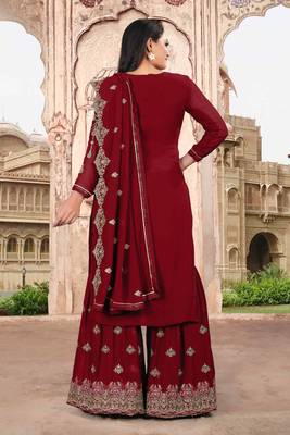 Red FAUX GEORGETTE EMBROIDERY WOMEN'S SEMI STITCHED SHARARA SUIT 2