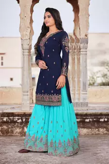 Blue FAUX GEORGETTE EMBROIDERY WOMEN'S SEMI STITCHED SHARARA SUIT