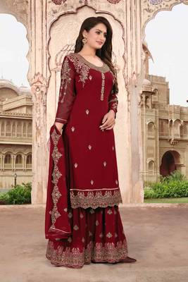 Red FAUX GEORGETTE EMBROIDERY WOMEN'S SEMI STITCHED SHARARA SUIT 3