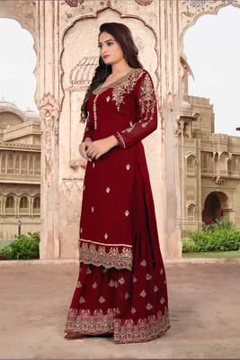Red FAUX GEORGETTE EMBROIDERY WOMEN'S SEMI STITCHED SHARARA SUIT 4