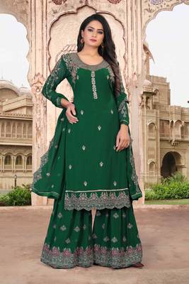 Green FAUX GEORGETTE EMBROIDERY WOMEN'S SEMI STITCHED SHARARA SUIT 1