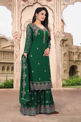 Green FAUX GEORGETTE EMBROIDERY WOMEN'S SEMI STITCHED SHARARA SUIT 3