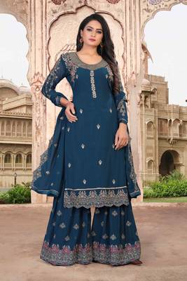 Turquoise FAUX GEORGETTE EMBROIDERY WOMEN'S SEMI STITCHED SHARARA SUIT 1