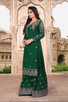 Green FAUX GEORGETTE EMBROIDERY WOMEN'S SEMI STITCHED SHARARA SUIT 4