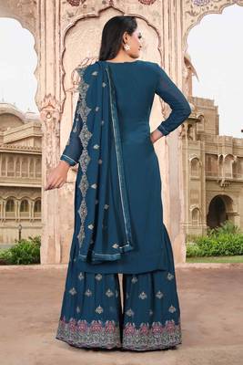 Turquoise FAUX GEORGETTE EMBROIDERY WOMEN'S SEMI STITCHED SHARARA SUIT 2