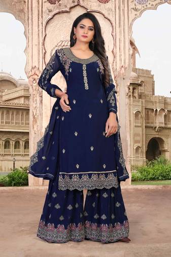 Blue FAUX GEORGETTE EMBROIDERY WOMEN'S SEMI STITCHED SHARARA SUIT