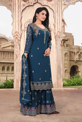 Turquoise FAUX GEORGETTE EMBROIDERY WOMEN'S SEMI STITCHED SHARARA SUIT 3