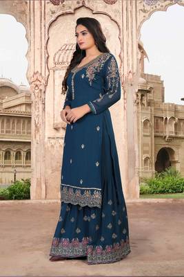 Turquoise FAUX GEORGETTE EMBROIDERY WOMEN'S SEMI STITCHED SHARARA SUIT 4