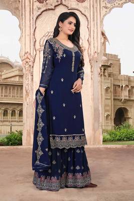 Blue FAUX GEORGETTE EMBROIDERY WOMEN'S SEMI STITCHED SHARARA SUIT 3