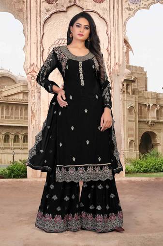 Black FAUX GEORGETTE EMBROIDERY WOMEN'S SEMI STITCHED SHARARA SUIT
