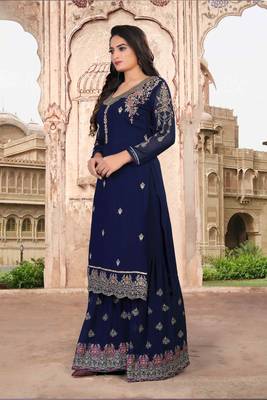 Blue FAUX GEORGETTE EMBROIDERY WOMEN'S SEMI STITCHED SHARARA SUIT 4