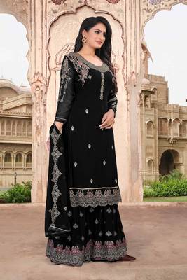 Black FAUX GEORGETTE EMBROIDERY WOMEN'S SEMI STITCHED SHARARA SUIT 3
