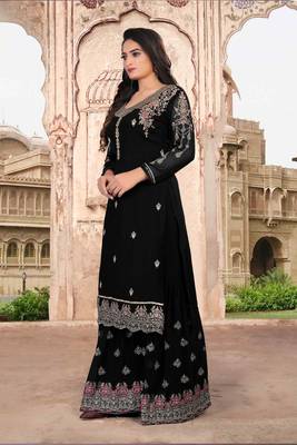 Black FAUX GEORGETTE EMBROIDERY WOMEN'S SEMI STITCHED SHARARA SUIT 4