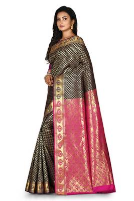 Navy blue woven art silk saree with blouse 2