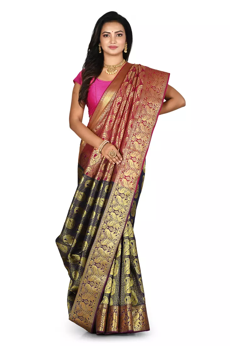 Navy blue woven art silk saree with blouse