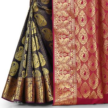 Navy blue woven art silk saree with blouse 3