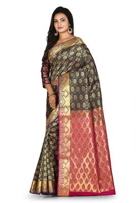 Navy blue woven art silk saree with blouse 2