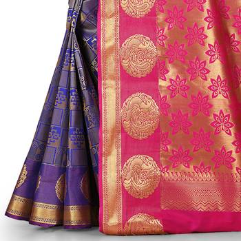 Royal blue woven art silk saree with blouse 3