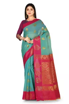 Blue woven silk blend saree with blouse