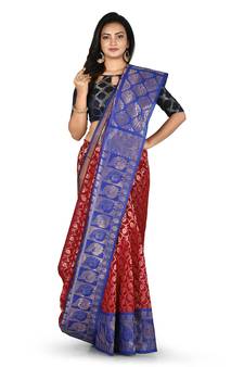 Red woven silk blend saree with blouse