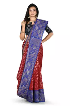 Red woven silk blend saree with blouse