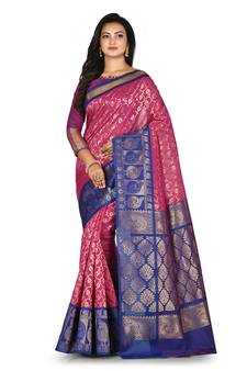 Pink woven silk blend saree with blouse
