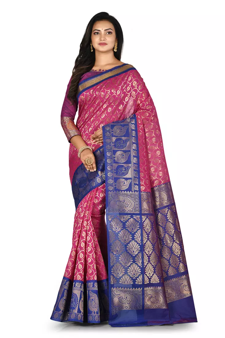 Pink woven silk blend saree with blouse