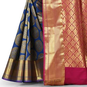 Royal blue woven art silk saree with blouse 3
