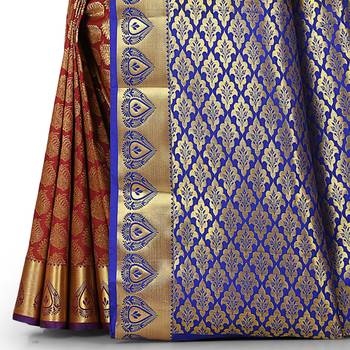 Red woven art silk saree with blouse 3