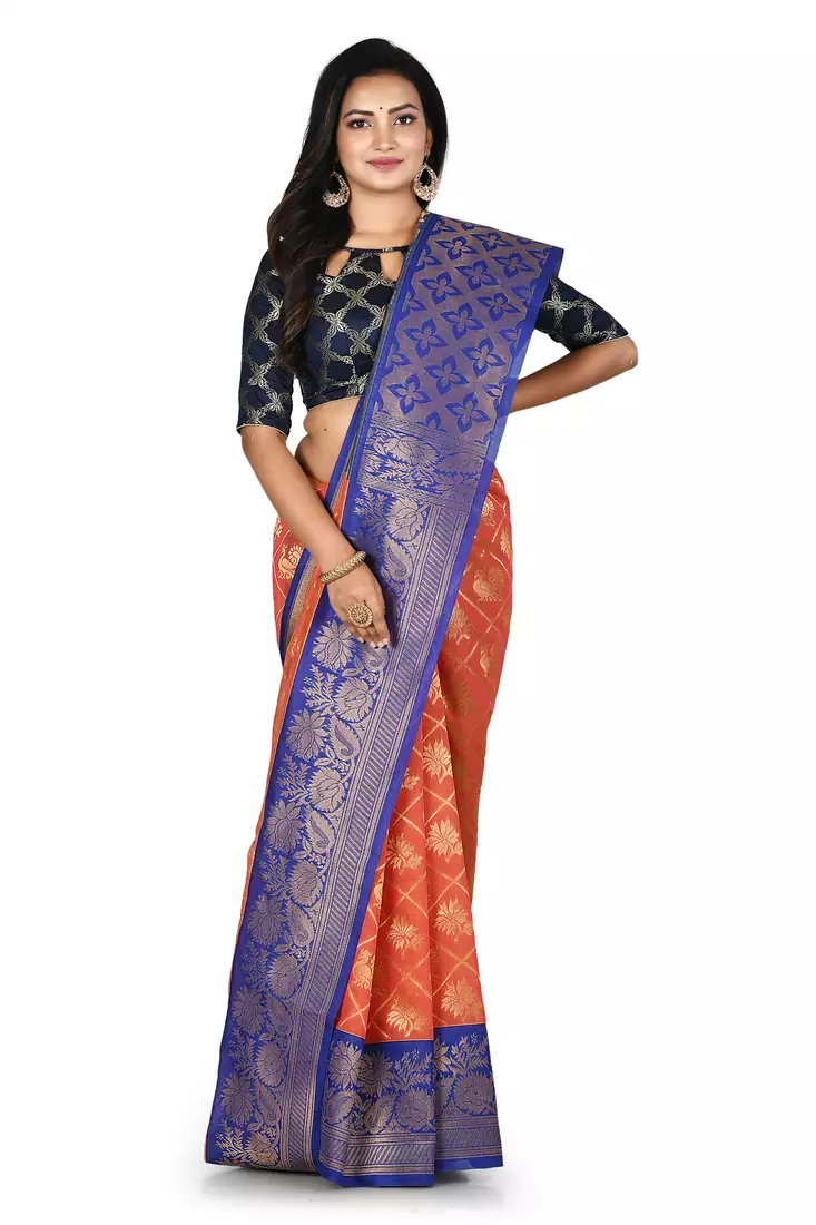 Orange woven silk blend saree with blouse