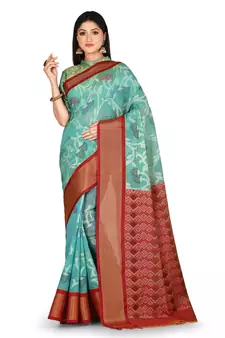 Light blue woven silk blend saree with blouse