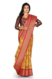 Mustard woven silk blend saree with blouse