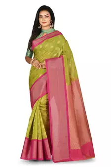 Olive woven silk blend saree with blouse