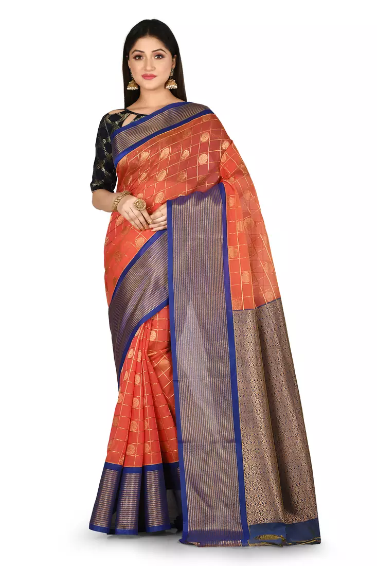 Orange woven silk blend saree with blouse