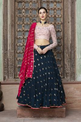 Blue embroidered georgette semi stitched lehenga 4