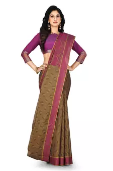 Fawn hand woven pure cotton saree with blouse