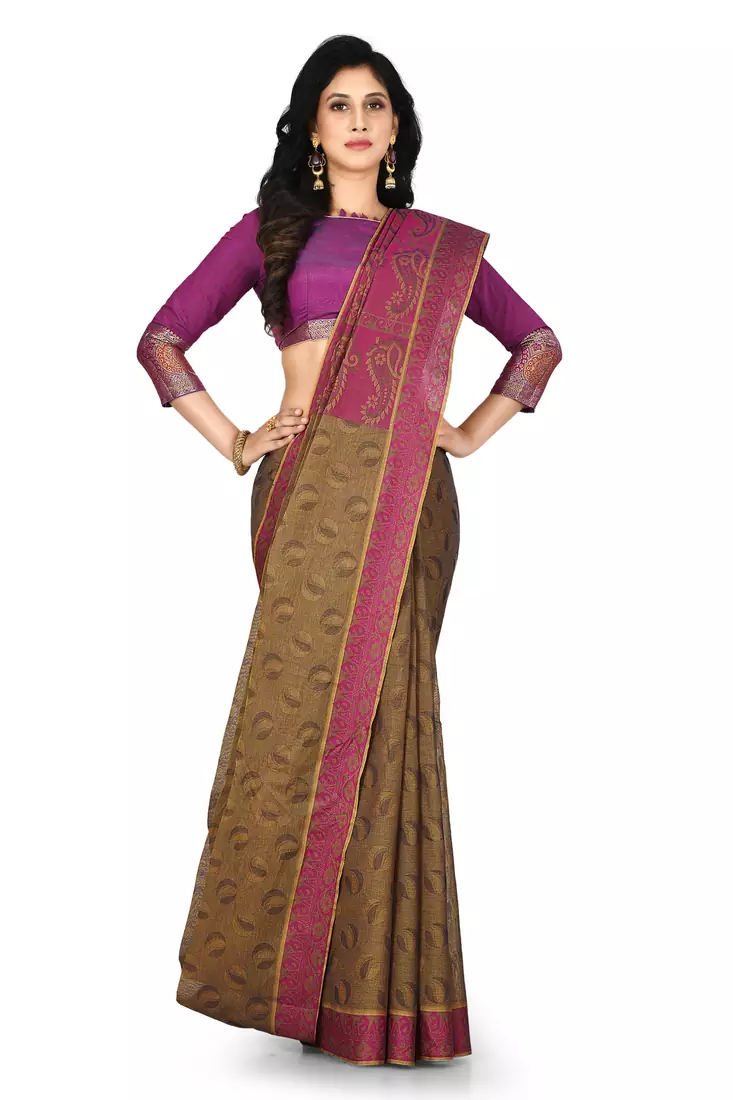 Fawn hand woven pure cotton saree with blouse
