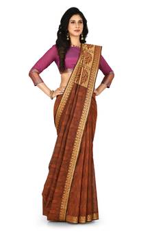 Brown hand woven pure cotton saree with blouse