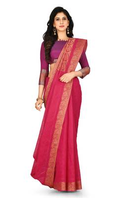 Pink hand woven pure cotton saree with blouse 1