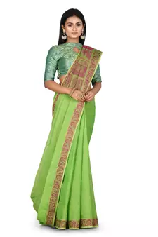 Green hand woven pure cotton saree with blouse