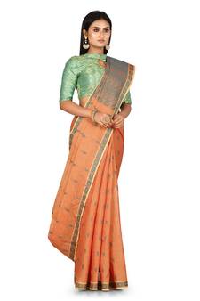 Orange hand woven pure cotton saree with blouse