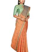 Orange hand woven pure cotton saree with blouse