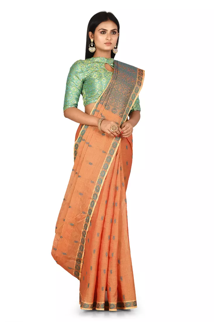 Orange hand woven pure cotton saree with blouse
