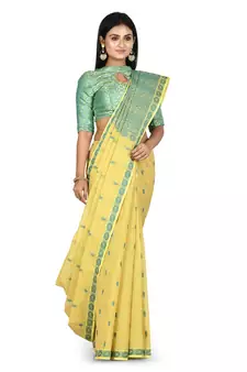 Yellow hand woven pure cotton saree with blouse